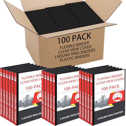 Fulmoon 100 Stück 3-Ringbücher 2,5 cm, Kunststoffordner in Großpackung mit 2 Innentaschen, runde Ringordner, für 175 Blatt, flexibler Ordner mit transparentem Einband für Büro, Zuhause und Schule von Fulmoon