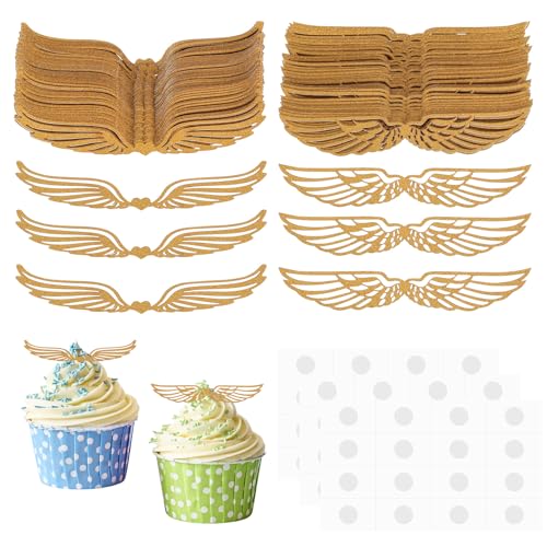 100 Stück Gold Glitter Flügel Kuchen Dekoration, Golden Schokolade Flügel Party Dekoration, Hexe Party Schokolade Cupcake Topper Flügel für Kuchen Cupcakes Geburtstag Party Dekoration, 2 Stile von Fulushouxi