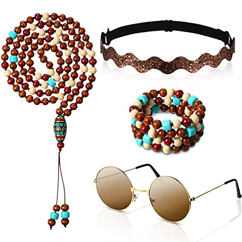 4-teiliges Boho-Schmuckset für Frauen beinhaltet Sonnenbrille handgefertigte Perlen Holz Halskette Hanfschnüre Holzperlen Ethnische Tribal Armbänder und Bohemia Stirnband für 60er 70er Jahre Partyzubehör, Holz, Holz von Fumete