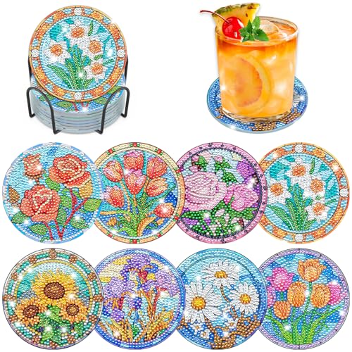 8 STK Diamond Painting Untersetzer mit Halter, Diamond Painting Blumen aus Buntglas, Diamant Painting Bilder Erwachsene Kinder, Diamant Tassenuntersetzer mit Kork, Basteln, Weihnachten Geschenk von Fumupe