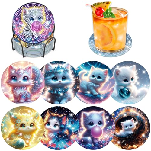 8 STK Diamond Painting Untersetzer mit Halter, Diamond Painting Katze, Diamant Painting Bilder Erwachsene Kinder, Diamant Tassenuntersetzer mit Kork, Basteln, Weihnachten Geschenk von Fumupe