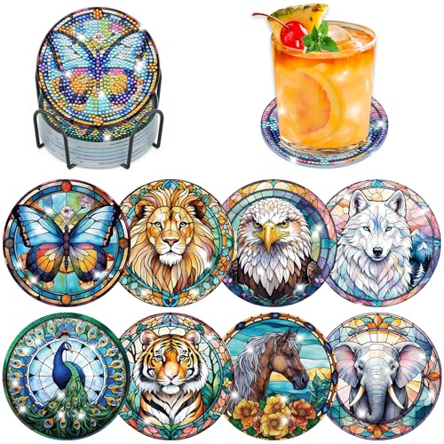 8 STK Diamond Painting Untersetzer mit Halter, Diamond Painting Tiere aus Buntglas, Diamant Painting Bilder Erwachsene Kinder, Diamant Tassenuntersetzer mit Kork, Basteln, Weihnachten Geschenk von Fumupe