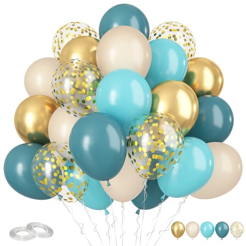 Funhot Blau Weiße Luftballons, 60pcs Luftballons Retro Sea Blau, 12 Zoll Sand Weiss Latexballons Metallic Gold Confetti Ballons Helium für Jungen Babyparty Hochzeits Geburtstagsfeier Deko von FunHot