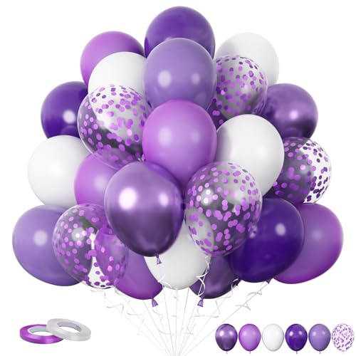 Funhot Lila Luftballons, 60 Stück Dunkellila Weiße Ballons, 12 Zoll Macaron Lila Metallic Lila Konfetti Latex Luftballons für Mädchen Frauen Geburtstag Hochzeit Braut Babyparty Party Deko von FunHot