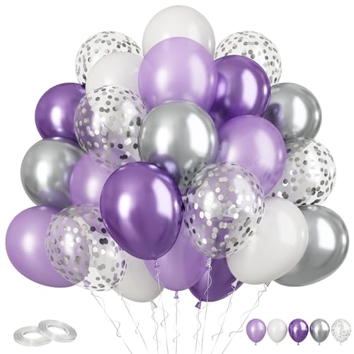 Funhot Lila Luftballons, 60 Stück Luftballons Silber Lila, 12 Zoll Weiße Latexballons Metallic Silber Konfetti Ballons Helium für Kinder Geburtstag Mädchen Hochzeits Baby Shower Abschluss Deko von FunHot