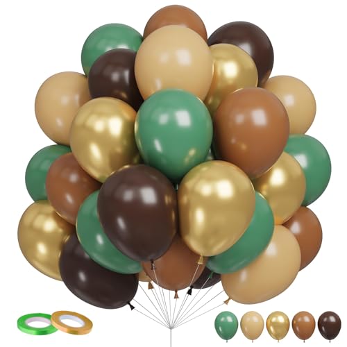 Funhot Luftballons Grün Braun, 60 Stück Gold Braun Grün Luftballons, 12 Zoll Safari Partyballons Salbeigrün und Braun Metallic Gold Latex Ballons für Dschungel Safari Wald Geburtstag Babyparty Deko von FunHot