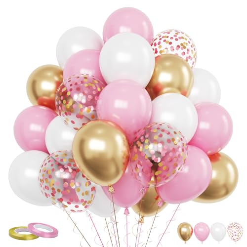 Funhot Luftballons Rosa Gold, 60 Stück Rosa Gold Weiß Party Ballons, 12 Zoll Pastell Rosa Weiß Metallic Gold Konfetti Latex Helium Ballons für Mädchen Babyparty Hochzeit Geburtstag Brautparty Deko von FunHot