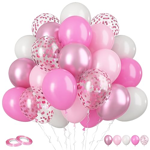 Funhot Rosa Weiße Luftballons, 60pcs Pastel Rosa Weiße Latex Ballons, 12 Zoll Metallic Rosa Confetti Balloons Helium für Mädchen Prinzessin Geburtstag Babyparty Verlobung Hochzeitsfeier Deko von FunHot