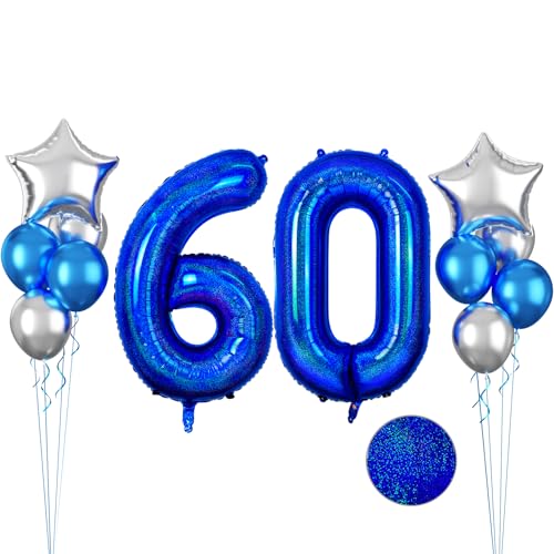 Glitzer Blau Luftballon 60, 40 Zoll Luftballons 60 Geburtstag, 12 Stück Metallic Blaue Latexballons Silber Sternballons Blau Zahl 60 Folienballon für Männer Frau Jubiläum 60 Geburtstag Party Deko von FunHot