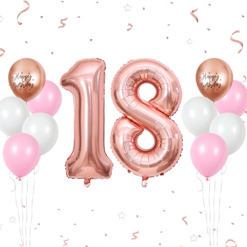 Luftballon 18. Geburtstag, 40 Zoll Roségold Zahl 18 Luftballon, 12 Stück Happy Birthday Latexballons Rosa Weiß Groß Nummer 18 Folienballon für Frauen Jubiläum 81. 18. Geburtstag Party Deko von FunHot