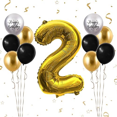 Luftballon 2. Geburtstag, 40 Zoll Gold Zahl 2 Luftballon, 11 Stück Happy Birthday Latexballons Schwarz Gold Groß Nummer 2 Folienballon für Jungen Mädchen Babydusche 2. Geburtstag Party Deko von FunHot