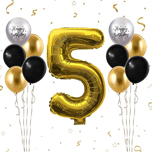 Luftballon 5. Geburtstag, 40 Zoll Gold Zahl 5 Luftballon, 11 Stück Happy Birthday Latexballons Schwarz Gold Groß Nummer 5 Folienballon für Jungen Mädchen Babydusche 5. Geburtstag Party Deko von FunHot