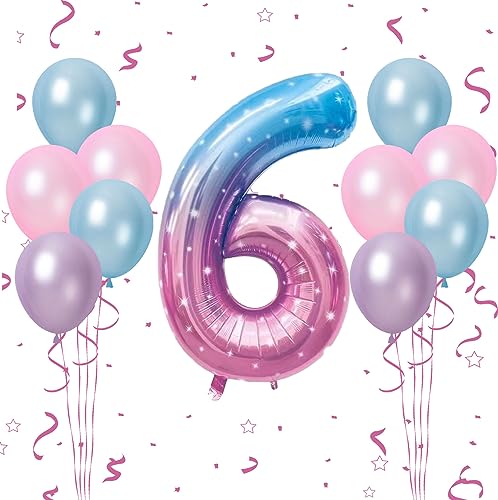 Luftballon 6. Geburtstag, 40 Zoll Sternenklarer Farbverlauf Zahl 6 Luftballon, 11 Stück Birthday Latexballons Maca Rosa Blua Nummer 6 Stern Folienballon für Mädchen Jubiläum 6. Geburtstag Party Deko von FunHot