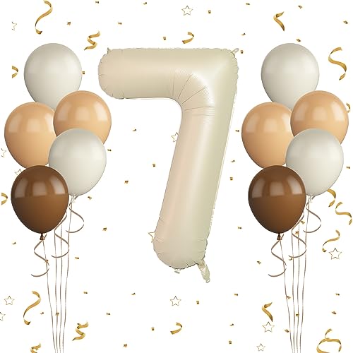 Luftballon 7. Geburtstag, 40 Zoll Cremeweiß Zahl 7 Luftballon, 11 Stück Happy Birthday Latexballons Aprikose Braun Ballons Nummer 7 Folienballon für Jungen Mädchen Jubiläum 7. Geburtstag Party Deko von FunHot