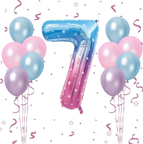 Luftballon 7. Geburtstag, 40 Zoll Sternenklarer Farbverlauf Zahl 7 Luftballon, 11 Stück Birthday Latexballons Maca Rosa Blua Nummer 7 Stern Folienballon für Mädchen Jubiläum 7. Geburtstag Party Deko von FunHot