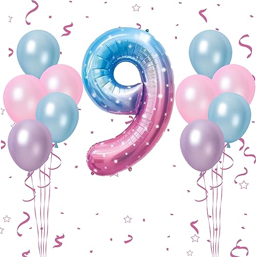 Luftballon 9. Geburtstag, 40 Zoll Sternenklarer Farbverlauf Zahl 9 Luftballon, 11 Stück Birthday Latexballons Maca Rosa Blua Nummer 9 Stern Folienballon für Mädchen Jubiläum 9. Geburtstag Party Deko von FunHot