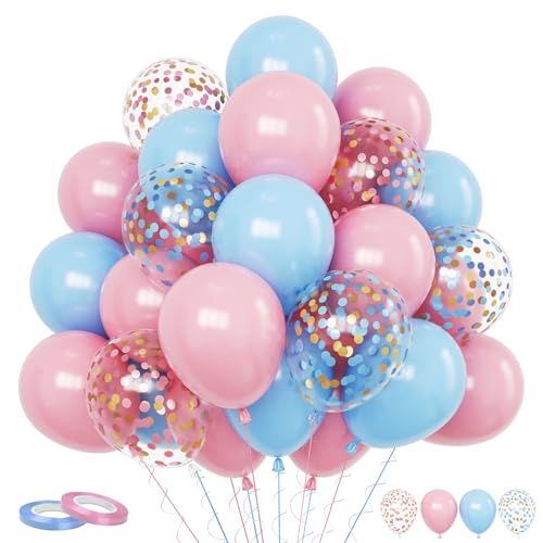 Luftballons Blau Rosa, 60 Stück Gender Reveal Party Ballons, 12 Zoll Pastell Rosa Blau Metallic Gold Konfetti Luftballons für Jungen Mädchen Geburtstag Babyparty Hochzeit Gender Reveal Party Deko von FunHot