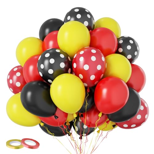 Luftballons Rot Gelb Schwarz, 60 Stück Rot Schwarz Gelb Latexballons, 12 Zoll Maus Farbe Ballons Rot Weiß Schwarz Gepunktete Luftballons für Kinder Geburtstag Karneval Cartoon Maus Thema Party Deko von FunHot