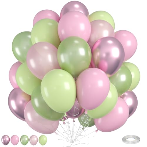 Rosa Grün Ballons, Salbeigrün Rosa Ballons, 12 Zoll Maca Pink Metallic Pink Perlenrosa Maca Grün Perlengrün Latexballons für Mädchen Dschungel Geburtstag Baby Shower Hochzeitsfeier Dekoration von FunHot