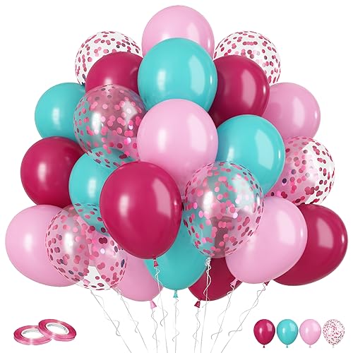 Rosa Teal Blaue Luftballons, 60pcs Luftballons Türkis Rosenrot, 12 Zoll Pink Konfetti Helium Ballons Rose Turquoise Latexballons für Geburtstag Hochzeit Babyparty Sommer Flamingo Party Deko von FunHot