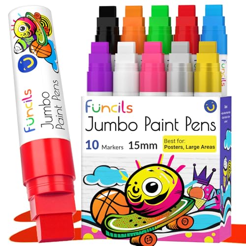 10 Farben Jumbo Acrylstifte Set, 15mm Acrylfarben Breit, 3-in-1 Jumbo Farb stifte, Acrylstifte für Steine ​​Wasserfest, Farbstifte Fein zum Bemalen von Holz Leinwand Glas Karton Korpus Straßenkünstler von Funcils