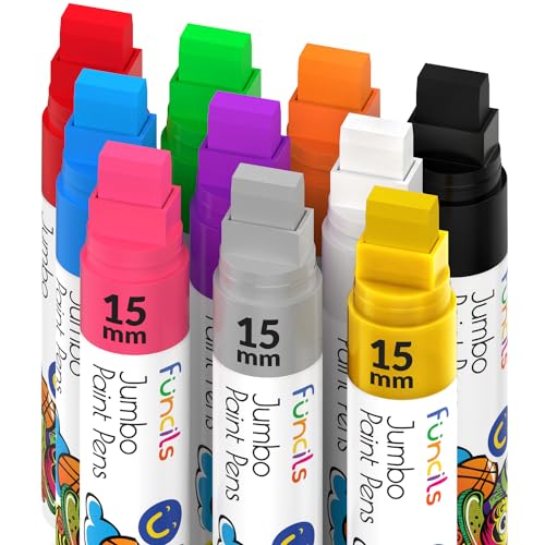 10 Farben Jumbo Acrylstifte Set, 15mm Acrylfarben Breit, 3-in-1 Jumbo Graffiti Stifte, acrylstifte für steine wasserfest, Lackstifte Fein zum Bemalen holz leinwand Glas Karton Körper Straßenkünstler von Funcils