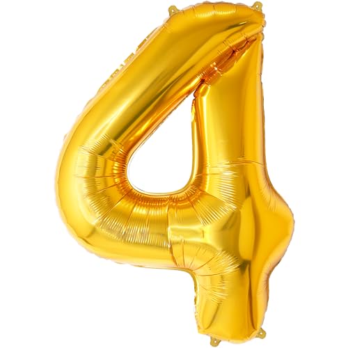 FUNFEST 100 cm goldene Luftballons zum 4. Geburtstag – Geburtstagsballon-Dekoration – inklusive XL-Ballon zum 4. Geburtstag und Strohhalm – Fliegen mit Helium von Funfest