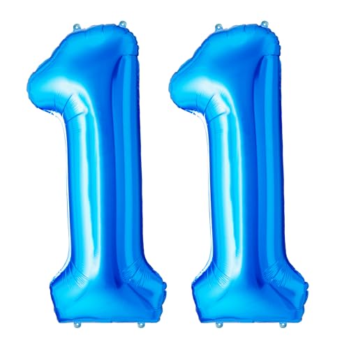 FUNFEST Luftballons zum 11. Geburtstag, Farbe Blau, 100 cm – Dekoration Ballon zum Geburtstag – inklusive Ballon 11 Jahre XL & Strohhalm – fliegt mit Helium – hochwertiger Ballon von Funfest