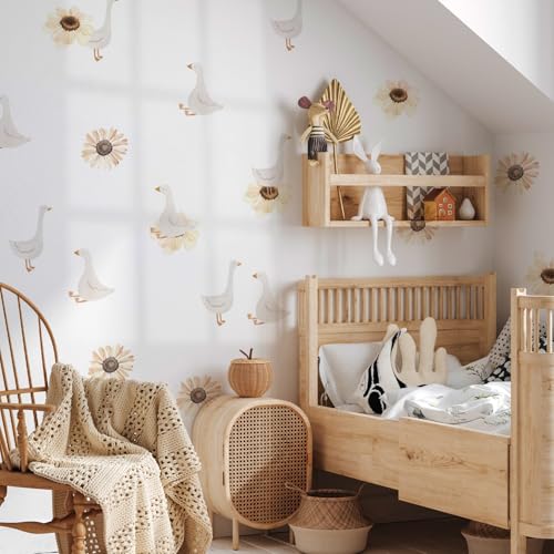 Funlife Boho Nursery Wandsticker Gänse Wandsticker Boho Tiere Weiß Wandaufkleber für Kinderzimmer Babyzimmer Spielzimmer Mädchen Junge, Gans und Gänseblümchen von Funlife