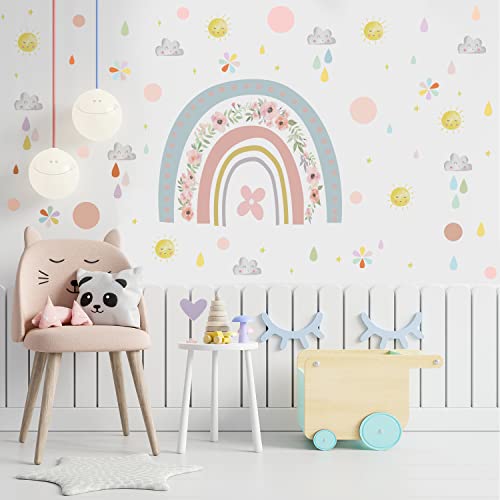 funlife Regenbogen Blumen, Boho Sonne, Regentropfen Set selbstklebend Wandaufkleber, bunte Wandsticker für Kinder, Baby, Mädchen, Jungen, transparent PVC Wandtattoo, DIY Wanddeko Wandbild Kinderzimmer von Funlife