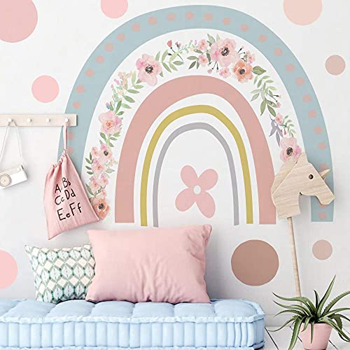 funlife Regenbogen Wandaufkleber mit Blumen, selbstklebend Wandsticker groß Regenbogen bunte Boho-Wandtattoos für Kinder, Mädchen, Kinderzimmer, Babyzimmer, wasserdicht Wandbild 40x116 cm von Funlife