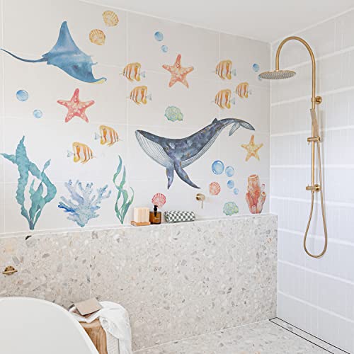 funlife Wal Krake Starfish Wandaufkleber für Kinder, Jungen, Boys, Ozean Fantasie Meerestier Pflanzen Wandsticker, transparent PVC Wandattoo Kinderzimmer, Babyzimmer, Schlafzimmer, 40x116 cm von Funlife