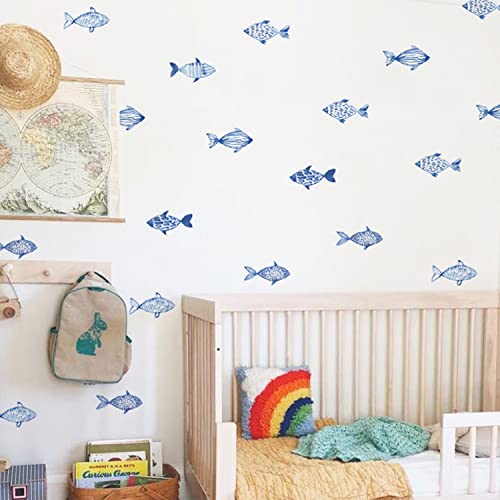 funlife Wandaufkleber Wandsticker Waldtiere für Jungen Boy, selbstklebende, matte Wandtattoos Wanddeko PVC Wandbild nur für weiße Wand, Kinderzimmer, blauer Geo-Fisch von Funlife