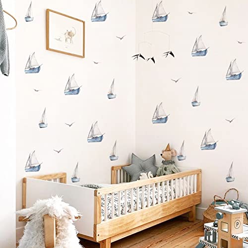 funlife Wandaufkleber Wandsticker Waldtiere für Jungen Boy, selbstklebende, matte Wandtattoos Wanddeko PVC Wandbild nur für weiße Wand, Kinderzimmer, kleines Segelboot von Funlife