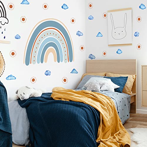 funlife blau Regenbogen, Boho Sonne, Wolken Set selbstklebend Wandaufkleber, bunte Wandsticker für Jungen, Baby, Boys, transparent PVC Wandtattoo, DIY Wanddeko Wandbild Kinderzimmer von Funlife