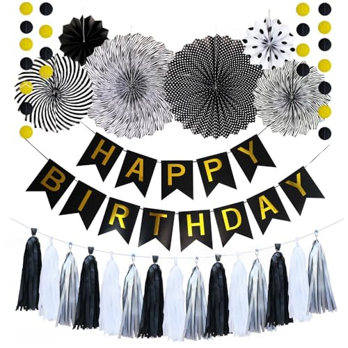 Schwarz Happy Birthday Banner für Männer Happy Birthday Dekorationen mit Papierfächer Quaste und Punkt Girlande Happy Birthday Party Dekorationen Wimpelkette Flaggen (Schwarz Gold) von Funlovin