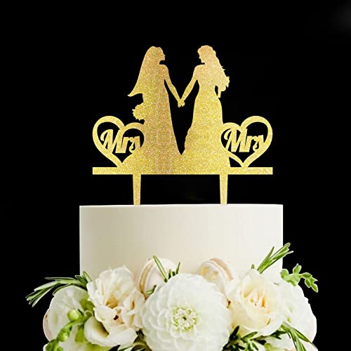 Kuchenaufsatz mit gleichem Sex, Lesbischer Tortenaufsatz mit zwei Bräuten, personalisierbar, Mrs & Mrs Hochzeitstortenaufsatz, perfekt für lesbische Hochzeit, Verlobung, Acryl, Gold von Funlucy