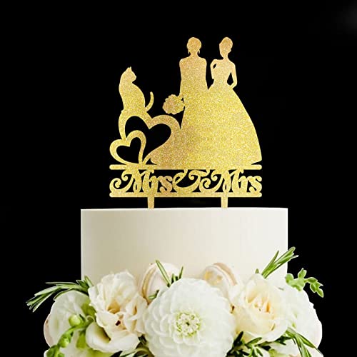 Zwei Frauen Hochzeitstortenaufsatz – zwei Frauen Hochzeit – Lesbische Braut-Silhouette Kuchenaufsatz – personalisierte Frau & Frau Hochzeit mit Katze Tortenaufsatz Hochzeit Party Dekorationen, Acryl von Funlucy