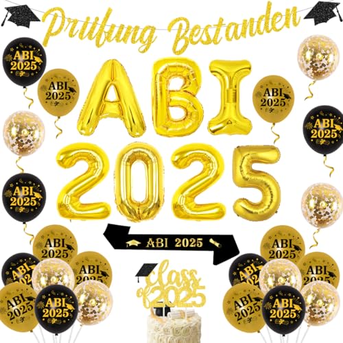 ABI 2025 Deko, Schwarz und Gold Prüfung Bestanden Dekoration - Prüfung Bestanden Banner, Klasse 2025 Tortenaufleger, ABI 2025 Schärpe, Folienballons für Abitur Schulabschluss Studium Party Deko von Funmemoir