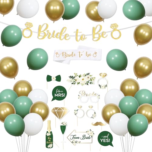 Bride to Be Deko Grün, JGA Deko Frauen, Junggesellenabschied Frauen Deko Set - Photo Booth Requisiten JGA Braut, Bride to Be Banner, Schärpe, Ballons Grün Gold von Funmemoir