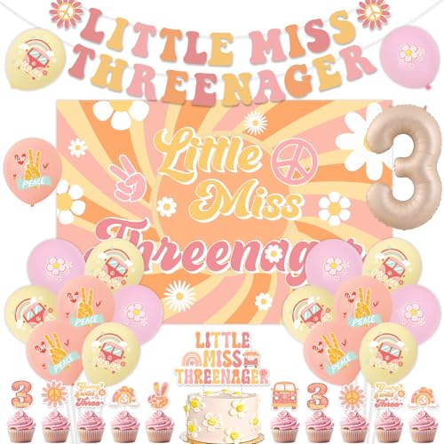 Daisy 3rd Birthday Decorations - Little Miss Threenager Backdrop, Banner, Cake and Cupcake Toppers, Balloons, Young Wild and Three Daisy Flower Retro Hippie Boho Birthday Party Decor for Girls von Funmemoir