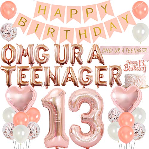 13. Geburtstag Dekorationen Roségold für Mädchen 13 Jahre alt Geburtstagsfeier liefert OMG Ur A Teenage Ballons Banner Schärpe Alles Gute zum Geburtstag Banner Cake Topper von Funmemoir