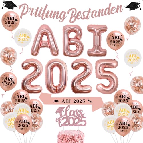 Funmemoir ABI 2025 Deko, Roségold Prüfung Bestanden Dekoration - Prüfung Bestanden Banner, Klasse 2025 Tortenaufleger, ABI 2025 Schärpe, Bedruckte Ballons für Abitur Schulabschluss Studium Party Deko von Funmemoir