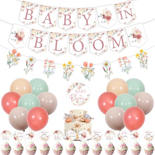 Funmemoir Baby in Bloom Babyparty-Dekorationen für Mädchen – rosa Wildblume Baby in Bloom Banner, Girlande, Kuchen-Cupcake-Topper, Luftballons für Boho-Blumen, Aquarell, Wildblume, von Funmemoir