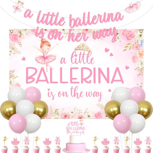 Funmemoir Ballerina-Dekorationen für Babypartys, mit Aufschrift "A Little Ballerina Is On Her Way", Banner, Ballerina, Babyparty, Hintergrund, Cupcake-Kuchenaufsätze für Balletttänzerin, von Funmemoir