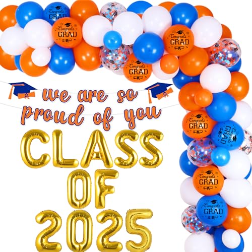 Funmemoir Blaue und orange Abschlussfeier Dekorationen 2025 - Klasse 2025 Folienballons, wir sind so stolz auf dich, Banner, Congrats Grade Graduation Ballon Arch Kit für Congratulate Graduate Party von Funmemoir