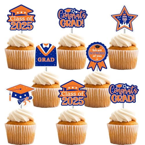 Funmemoir Cupcake-Topper für Abschlussfeier, 2025, Schulabschluss, Klasse 2025, Abschlussfeier, Kuchendekorationen für College, Senioren, High School, Blau und Orange, 36 Stück von Funmemoir