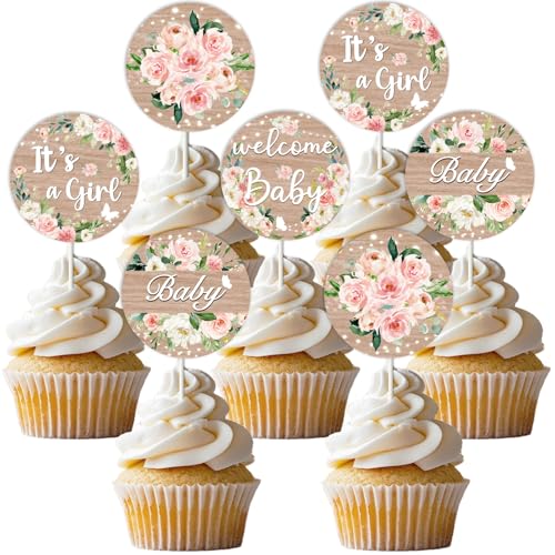 Funmemoir Cupcake-Topper mit Blumenmuster für Babypartys, doppelseitig, rosa Blumenmuster, Cupcake-Dekorationen für rustikale Babyparty-Dekorationen, 24 Stück von Funmemoir