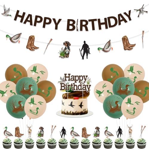 Funmemoir Entenjagd Geburtstag Dekorationen Happy Birthday Banner Ente Jagd Girlande Cupcake Kuchen Topper Ente Druck Ballons für Jungen Erwachsene Stockente Thema Geburtstag Party Dekorationen von Funmemoir