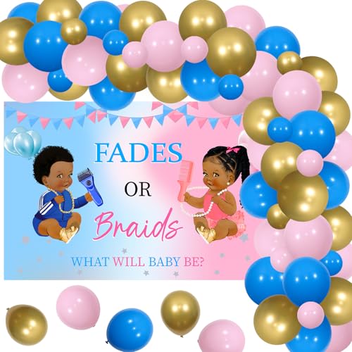 Funmemoir Fades or Braids Gender Reveal Decorations - Pink Blue and Gold Balloon Arch with Fades or Braids Gender Reveal Backdrop, Retro Music Hip Hop Gender Reveal Baby Shower Party Supplies von Funmemoir